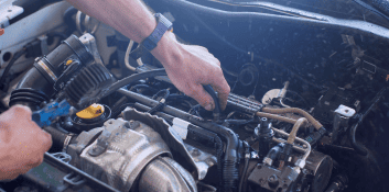 Automotive repair technician working on a car engine at Car Corral Garage.