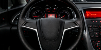 Close-up of car steering wheel and dashboard during repair service.