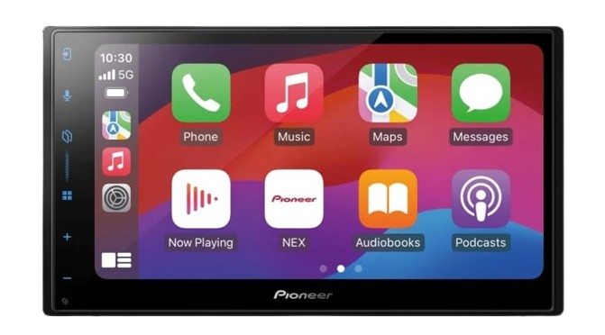 Car stereo touchscreen display with music, navigation, and messaging apps.