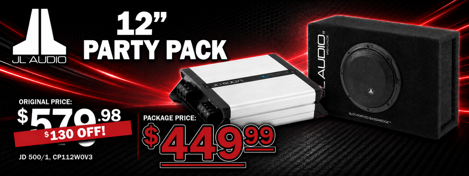 JL Audio 12-inch subwoofer and amplifier party pack for car audio systems.