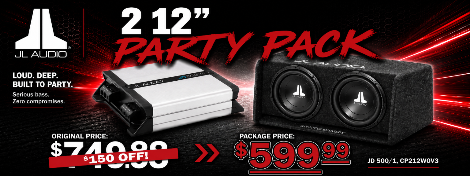 JL Audio 12-inch subwoofers and amplifier for car audio system.