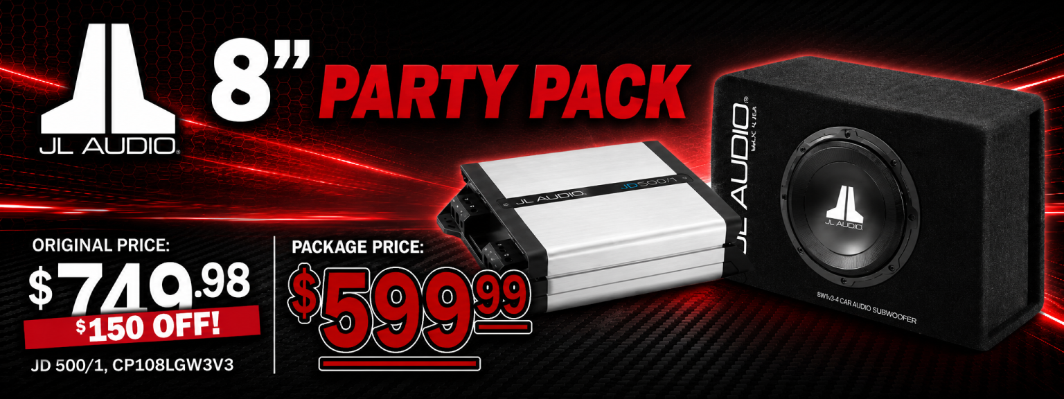JL Audio 8-inch subwoofer and amplifier in black enclosure for car audio.