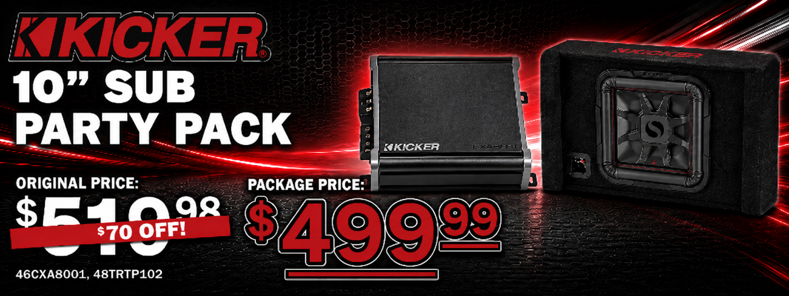 Kicker 10-inch subwoofer party pack for car audio systems.