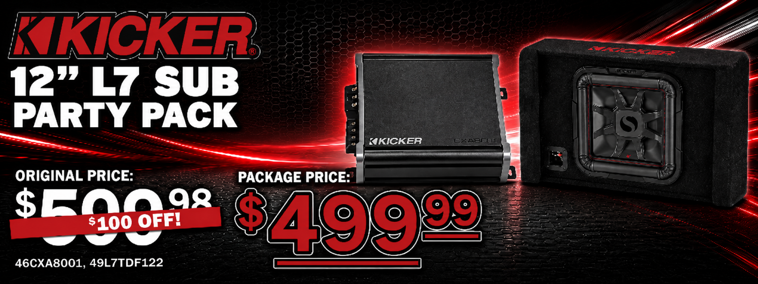 Kicker 12-inch L7 subwoofer party pack with amplifier and enclosure.