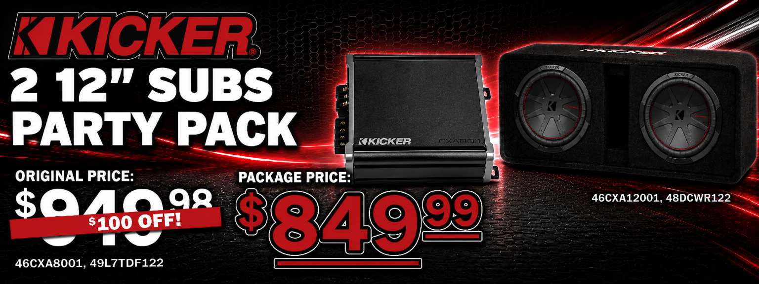 Kicker 2 12-inch subwoofers party pack for car audio systems.