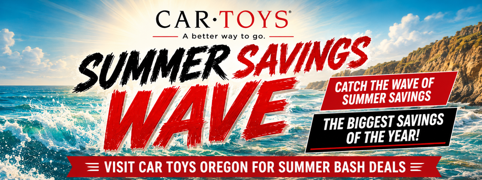 Car Toys Oregon summer savings wave banner with ocean background.