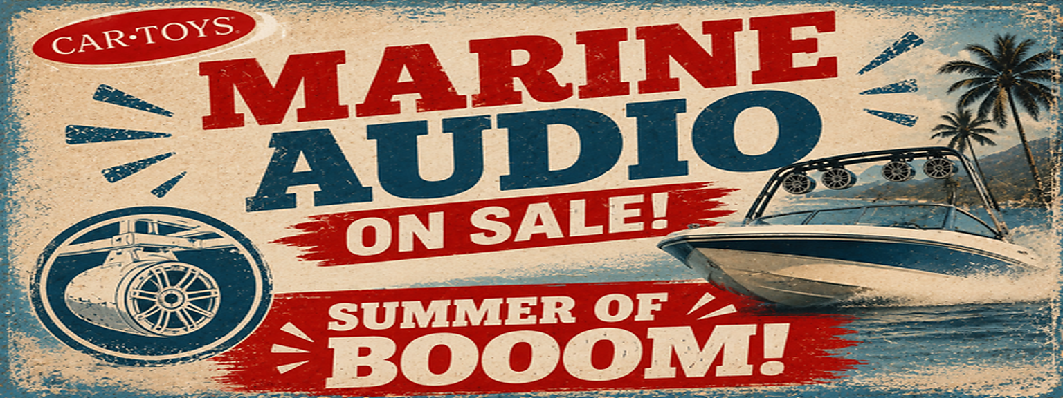 Marine audio systems on sale at Car Toys with boat and palm trees in background.