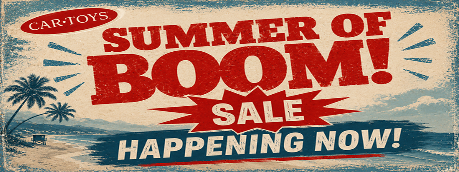 Car Toys summer sale banner with bold text and tropical background.