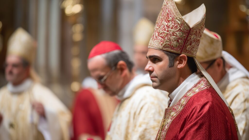 a bishop in ceremonial robes with the hat. A bishop in ceremonial robes with the hat.
