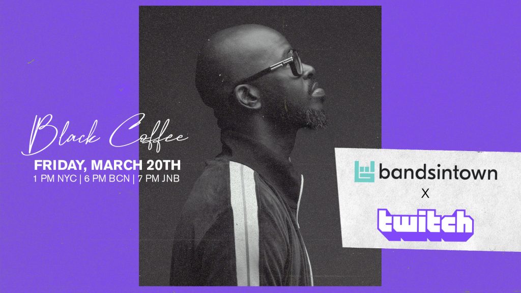 A promotional graphic for a Twitch and Bandsintown event featuring a side profile of a bearded man wearing glasses, with event details including date and times, set against a purple background.