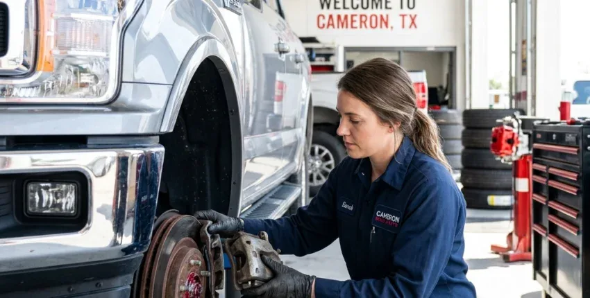 Female mechanic inspecting brake system on a truck at Central Texas Qwiklube.