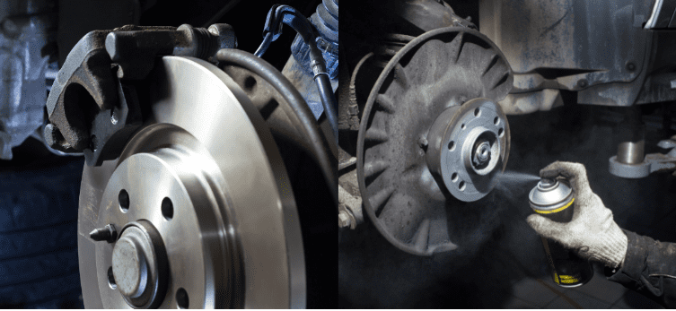 Close-up of brake disc and caliper during repair at Clay's Auto.