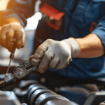 Engine repair technician inspecting a car engine at Clay's Auto.
