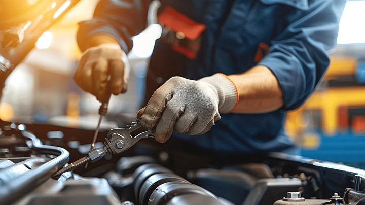Engine repair technician inspecting a car engine at Clay's Auto.