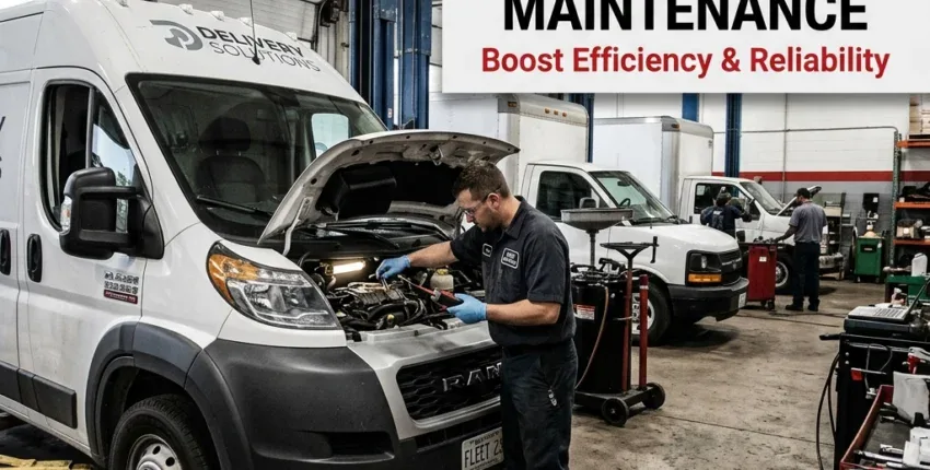 Vehicle maintenance workshop with mechanic working on a van.