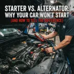 Car repair image showing diagnostic testing of a vehicle's electrical system.