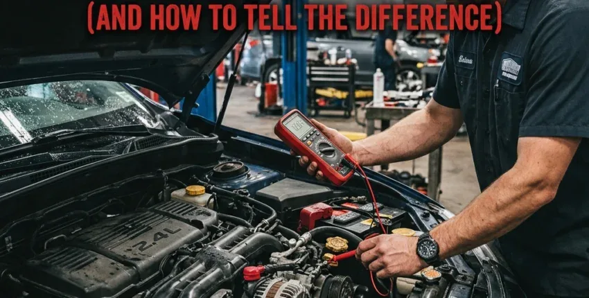 Car repair image showing diagnostic testing of a vehicle's electrical system.