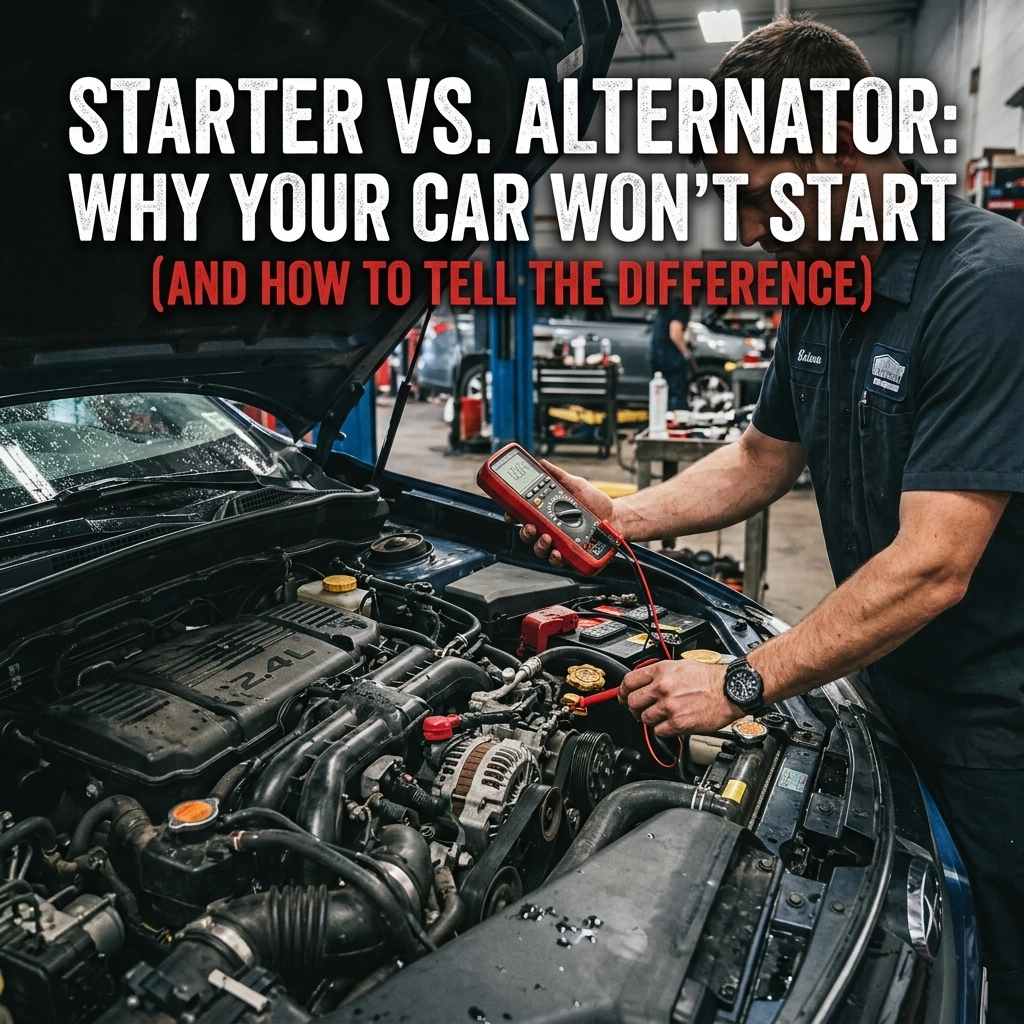 Car repair image showing diagnostic testing of a vehicle's electrical system.