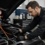 Mechanic checking car engine with gauges in auto repair shop.