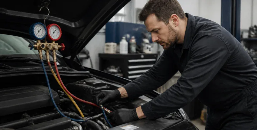 Mechanic checking car engine with gauges in auto repair shop.