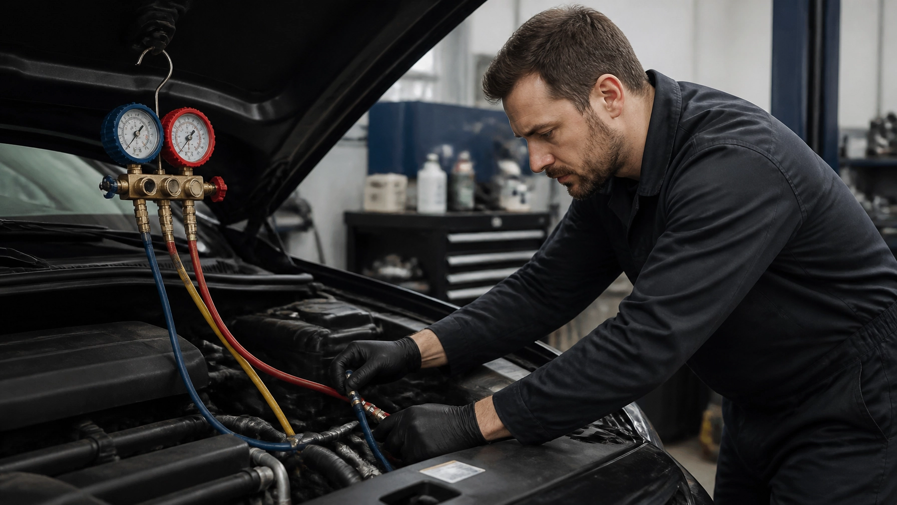 Mechanic checking car engine with gauges in auto repair shop.