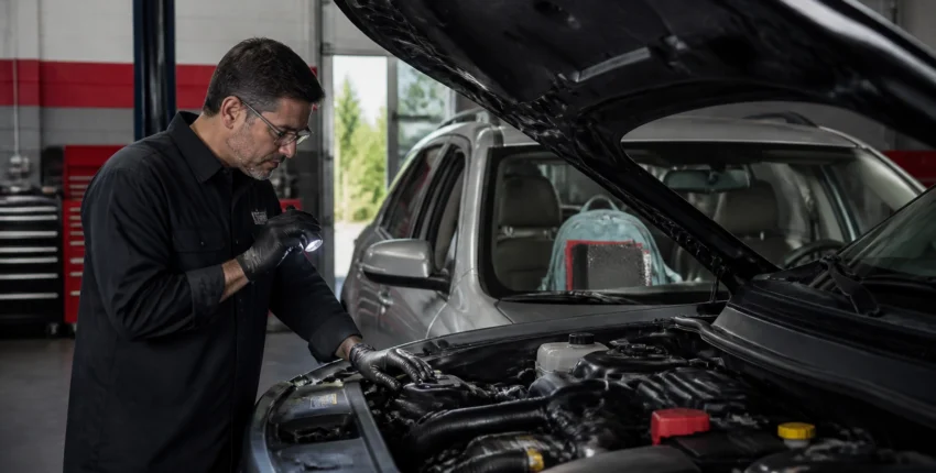 Auto mechanic inspecting engine under the hood at Clay's Auto.