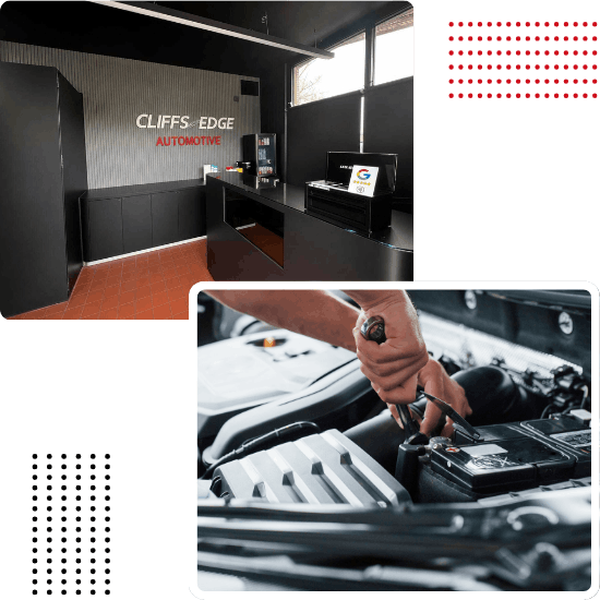 Interior view of Cliffs Edge Automotive with reception desk and service area.