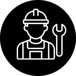 Automotive technician wearing safety gear with wrench icon.