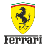 Close-up of Ferrari emblem with prancing horse and yellow background.