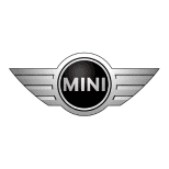 Close-up of Mini Cooper emblem on car grille for automotive branding.