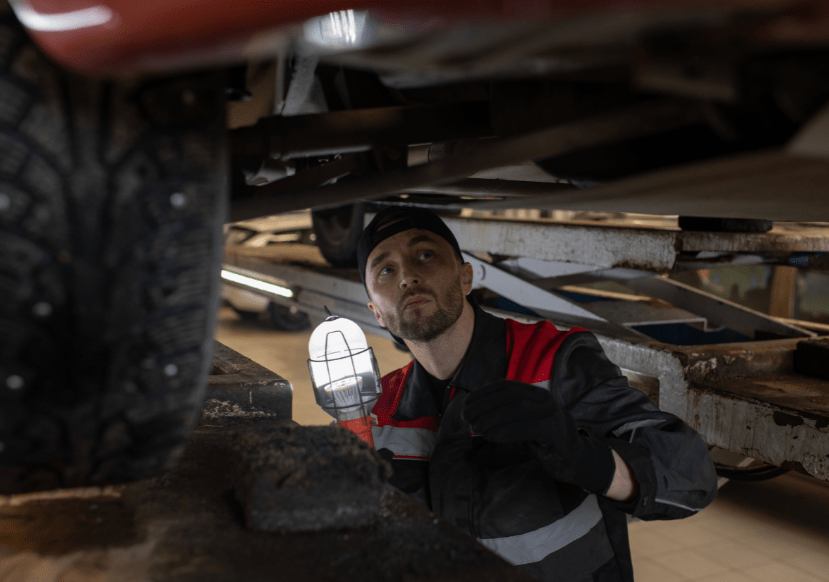 Automotive technician inspecting under vehicle at Cochrane Automotive.