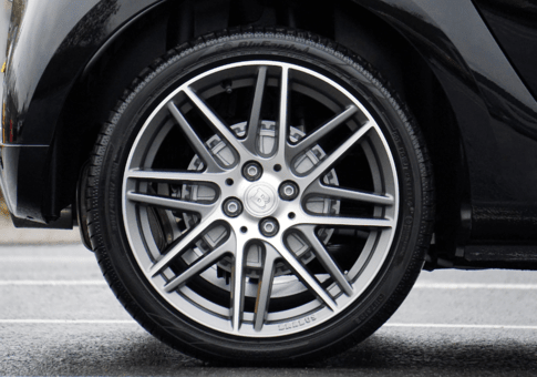 High-performance car tire and wheel close-up.