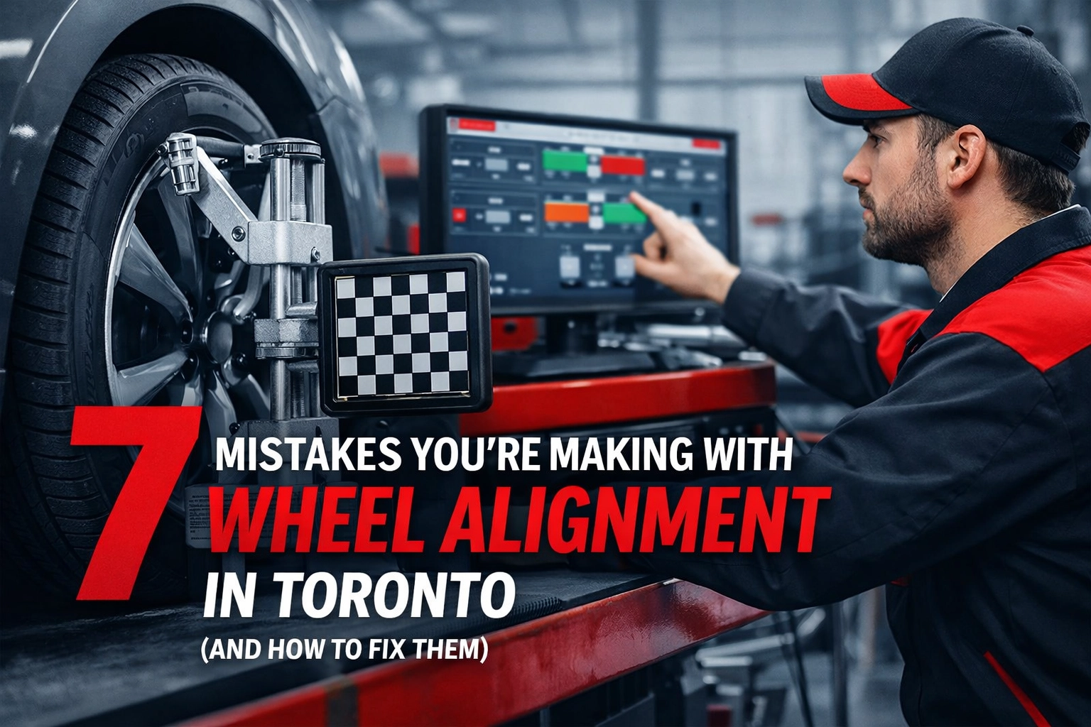 Auto technician performing wheel alignment on a vehicle at Cochrane Auto Repair.