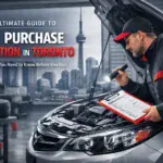Auto mechanic inspecting a car engine with Toronto skyline in background.
