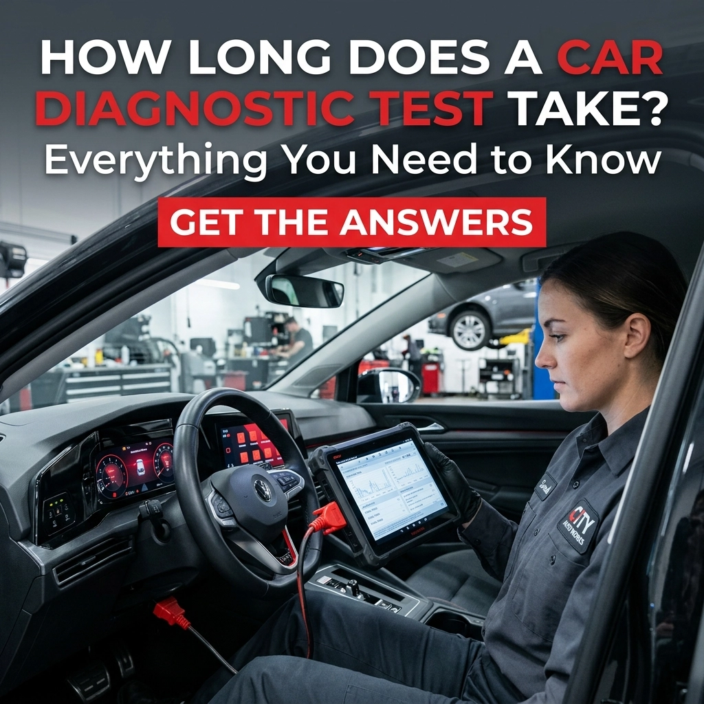 Technician performing a car diagnostic test inside a vehicle at Cochrane Automotive.