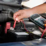 Technician testing car battery with multimeter at Cochrane Auto.