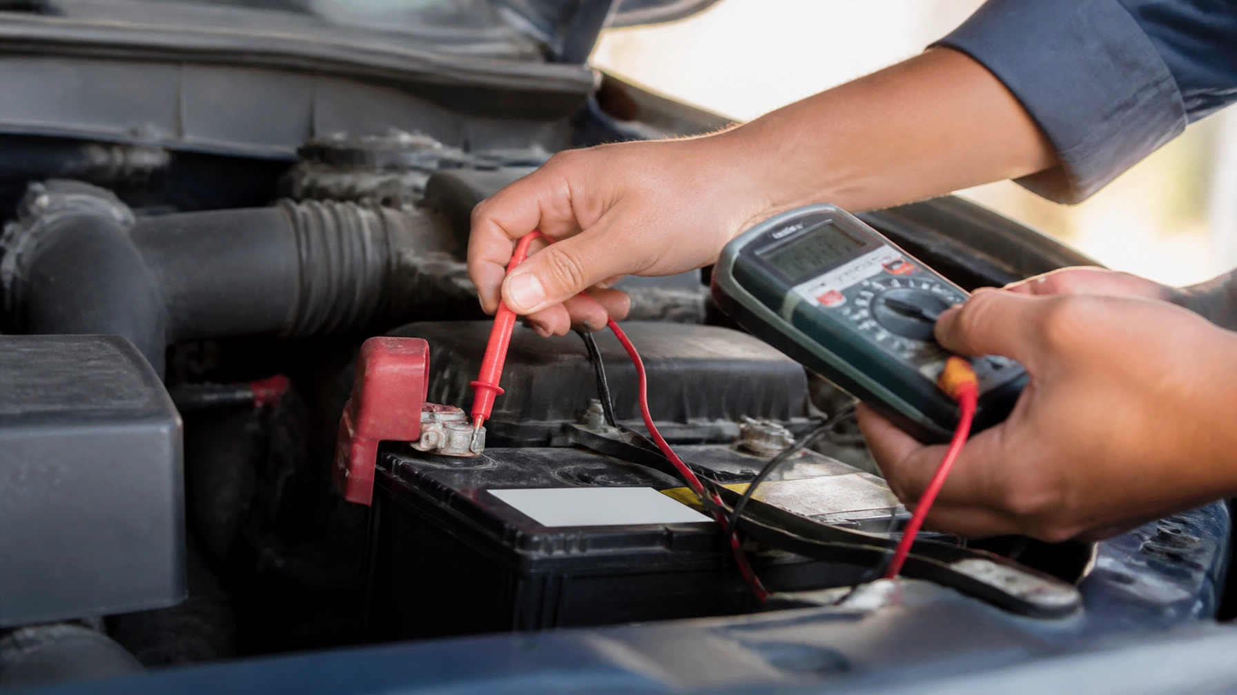 Technician testing car battery with multimeter at Cochrane Auto.