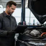 Automotive technician inspecting car engine at Cochrane Auto.