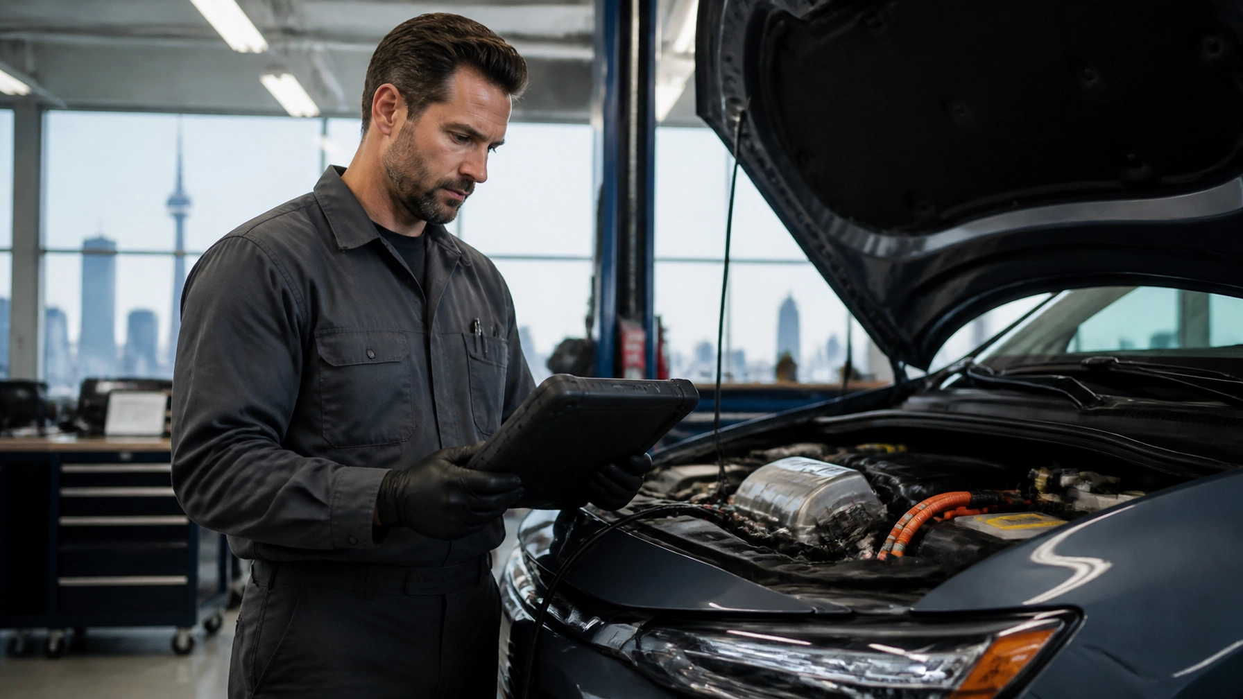 Automotive technician inspecting car engine at Cochrane Auto.