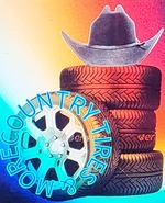 Tire shop with stacked tires, cowboy hat, and gear logo at Country Tires & More.