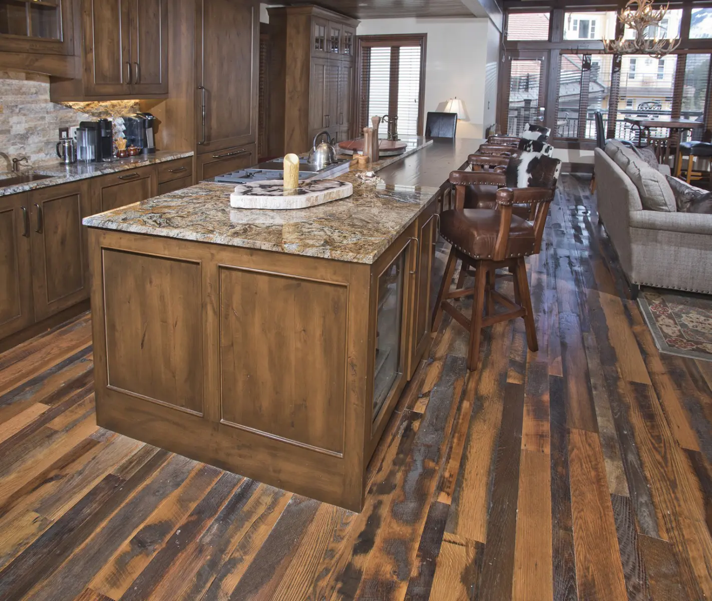 A sample of the york reclaimed in vail condo project complete with a kitchen island.