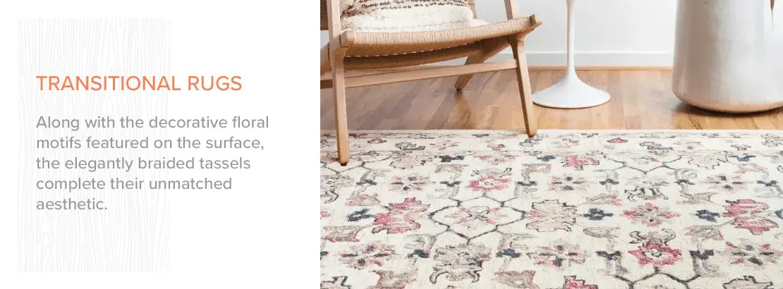 Transitional rugs with floral motifs and braided tassels for elegant interior decor.