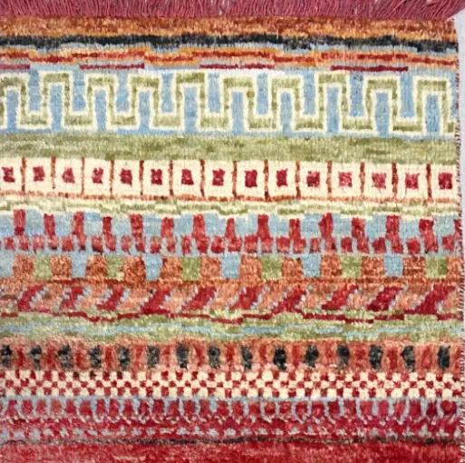 Brightly colored patterned area rug with geometric and tribal-inspired designs for stylish floor decor.