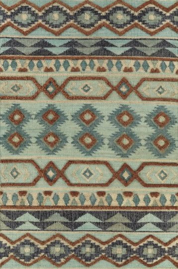 Colorful patterned area rug with geometric designs and earthy tones for living room decor.