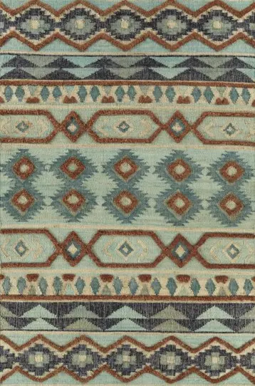 Colorful patterned area rug with geometric designs and earthy tones for living room decor.