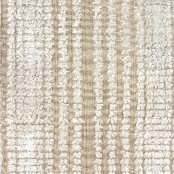 Luxurious beige textured striped carpet with plush fibers perfect for residential or commercial spaces.