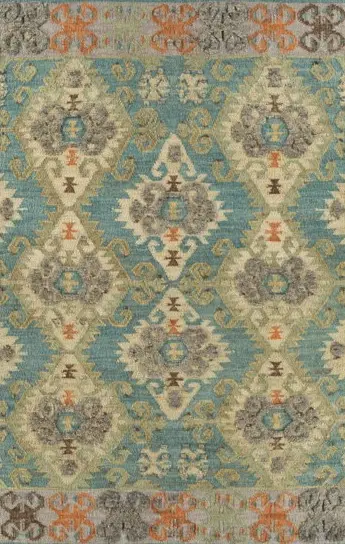 Colorful patterned area rug with intricate geometric design and vibrant shades of blue, gray, orange, and beige.