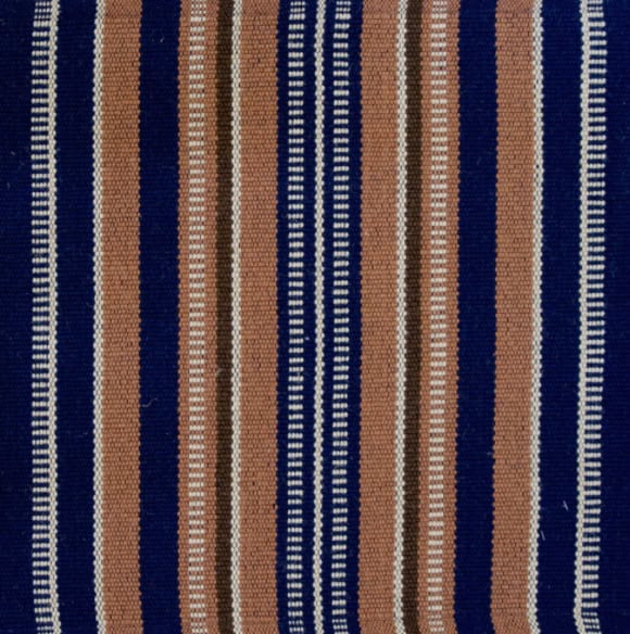 Vibrant striped carpet sample with blue, tan, and white design for custom flooring solutions.