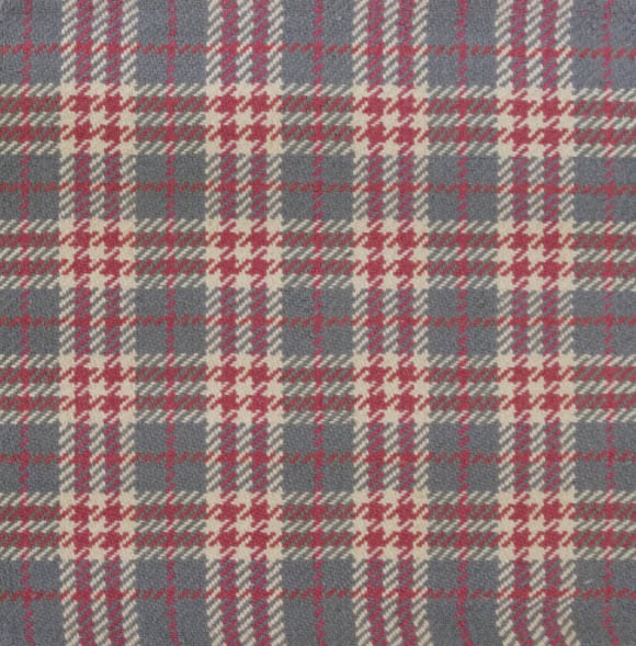 Luxurious plaid carpet featuring classic red, beige, and gray tartan pattern, ideal for living rooms and offices.