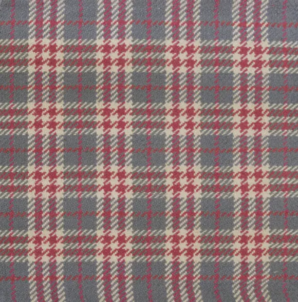 Luxurious plaid carpet featuring classic red, beige, and gray tartan pattern, ideal for living rooms and offices.